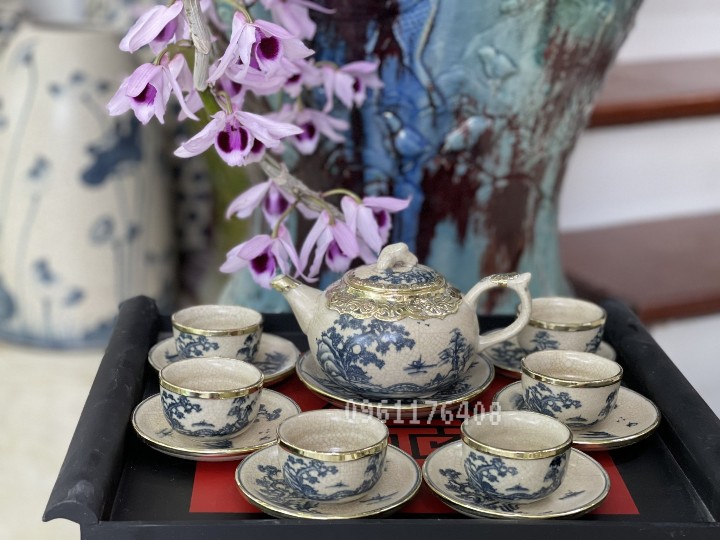 Bộ ấm chén men rạn bọc đồng gốm sứ Bát Tràng