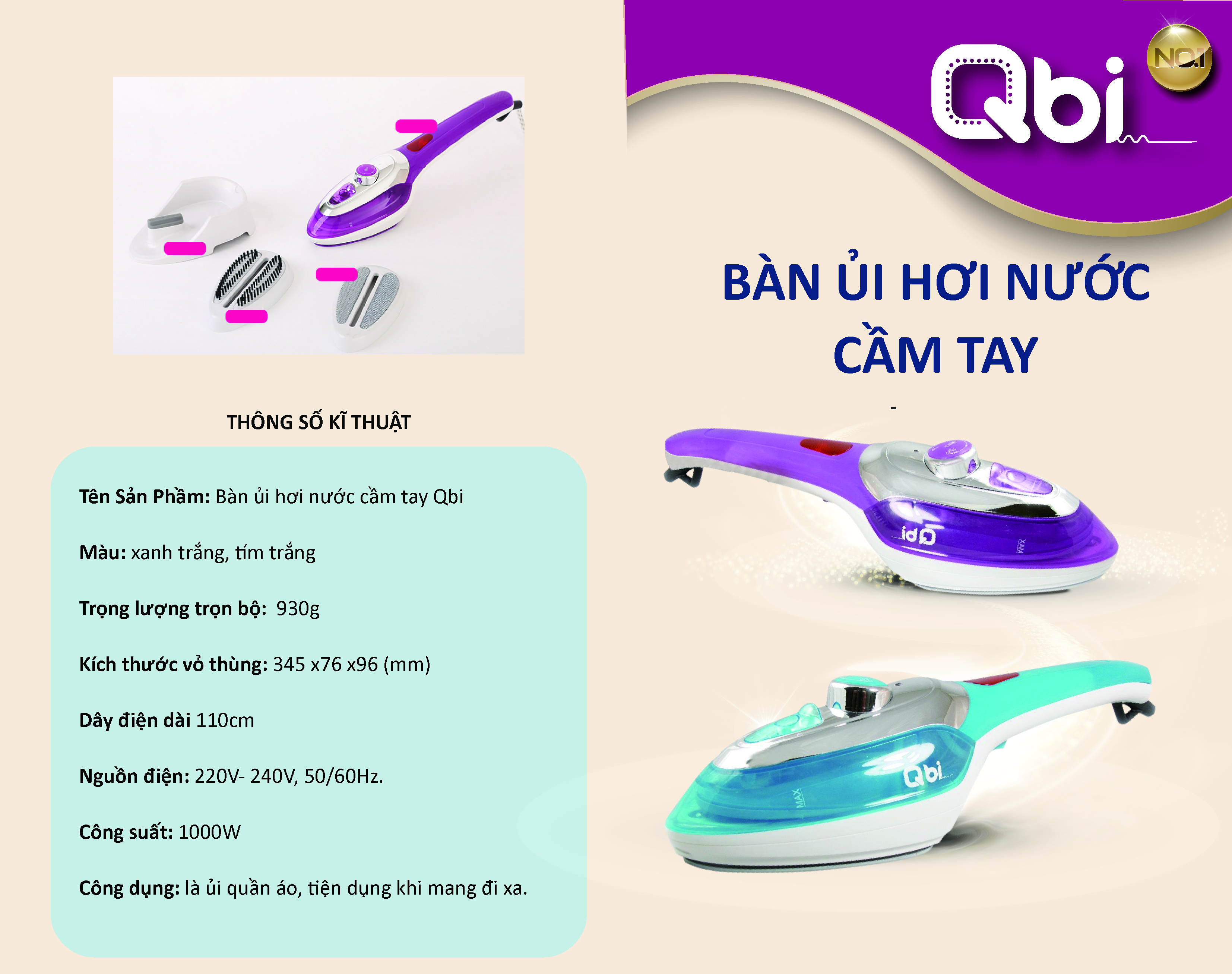 Bàn ủi hơi nước cầm tay Qbi - Hàng nhập khẩu