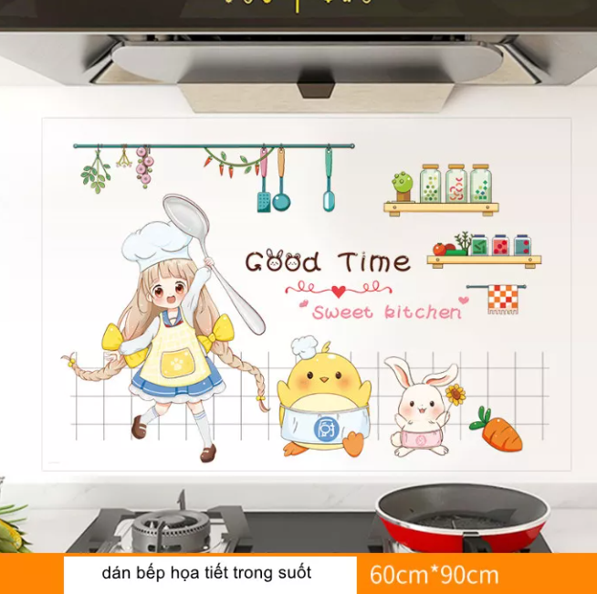 Decal dán bếp họa tiết trong suốt - Bé gái nấu ăn cùng gà và thỏ con