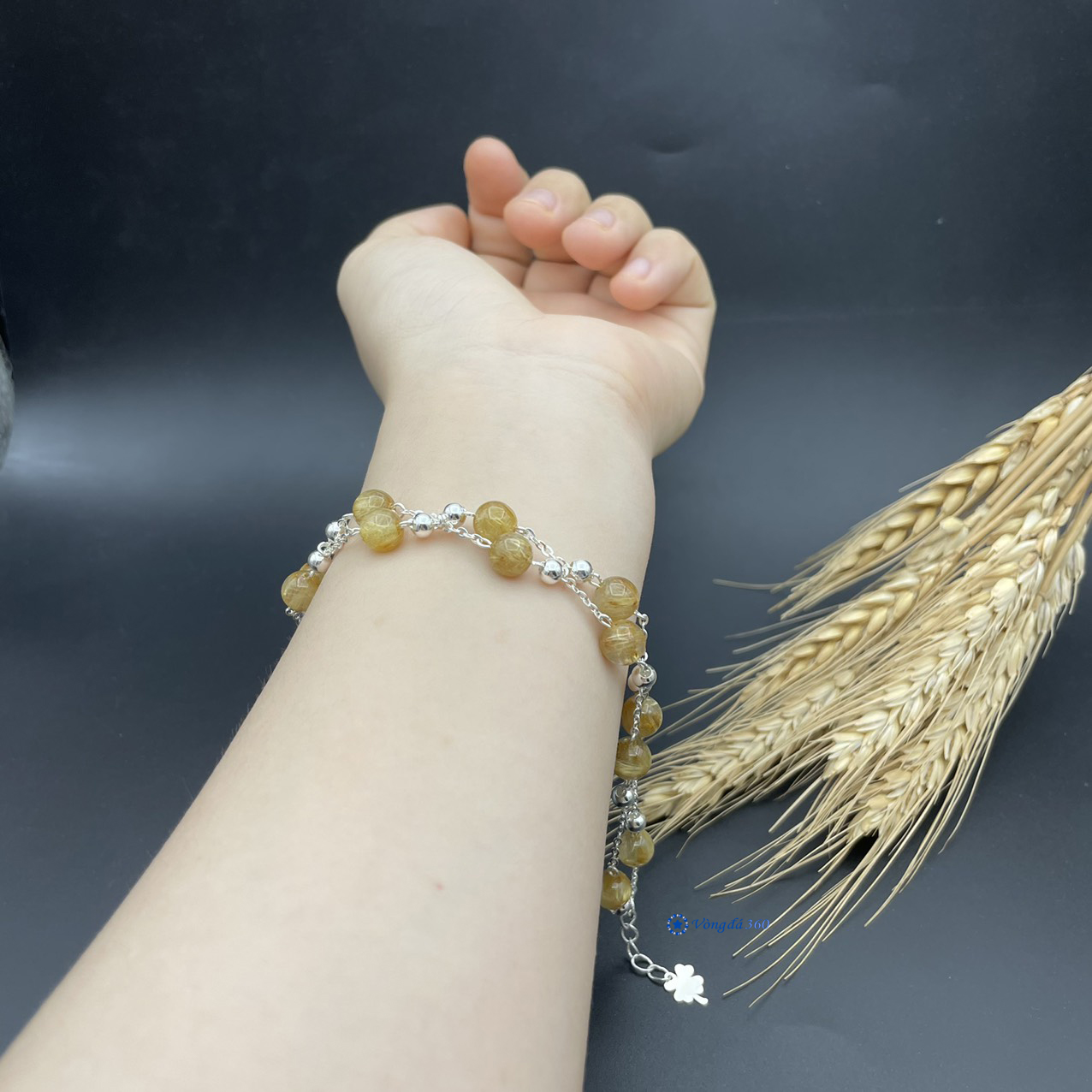 Lắc tay Thạch Anh Tóc Vàng Vip 7mm mix charm bạc 925 chuẩn