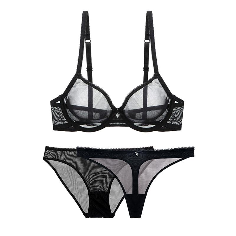 Gợi Cảm Thấy-Thông Qua Đồ Lót Trong Suốt Unlined Demi Bra + Quần Lót + Quần Đùi 3 Plus Kích Thước Bộ Áo Ngực 32-42CDE