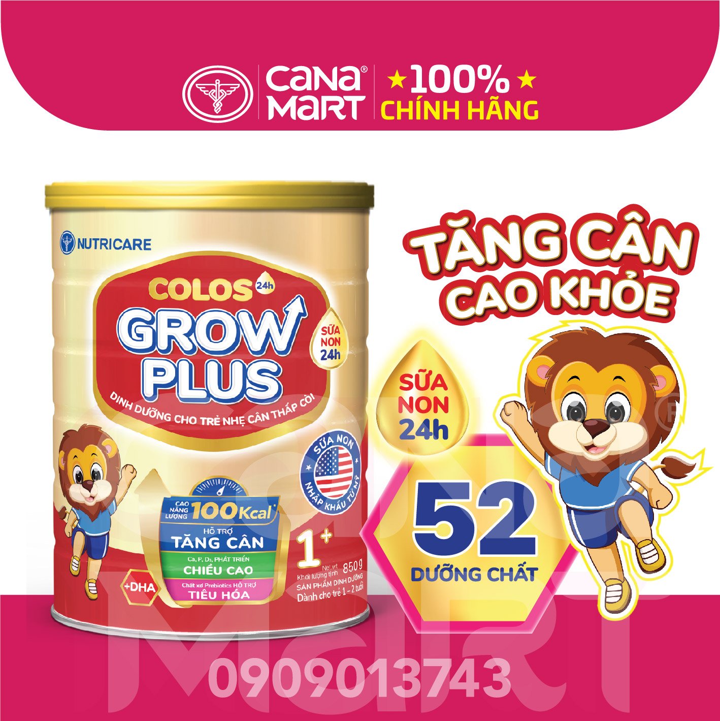 Sữa bột Nutricare Colos 24h Grow Plus 1+ giúp trẻ phát triển toàn diện (850g)