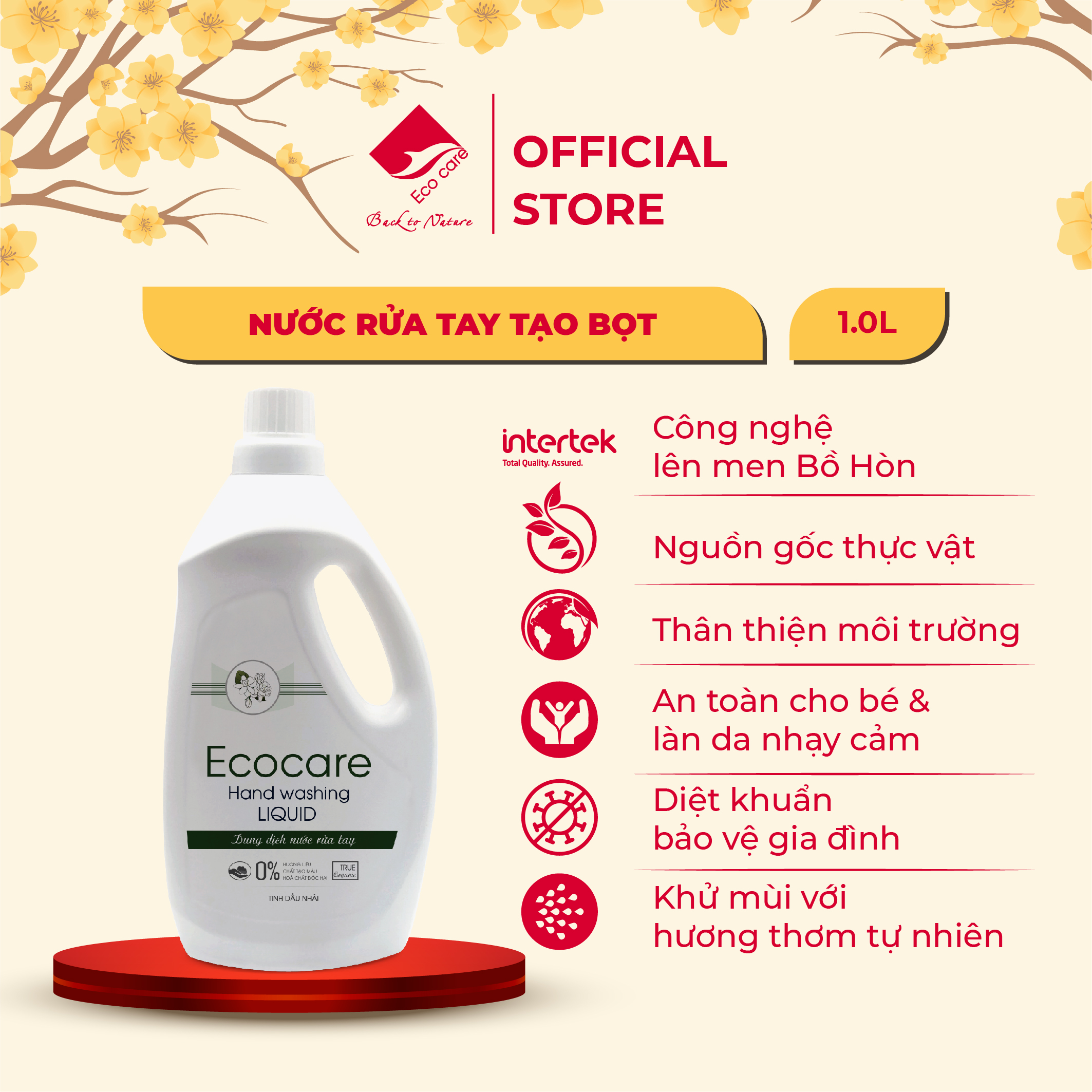 Nước rửa tay hữu cơ diệt khuẩn dạng bọt hương Nhài 1000ml thương hiệu Ecocare ( tặng kèm vỏ tạo bọt)