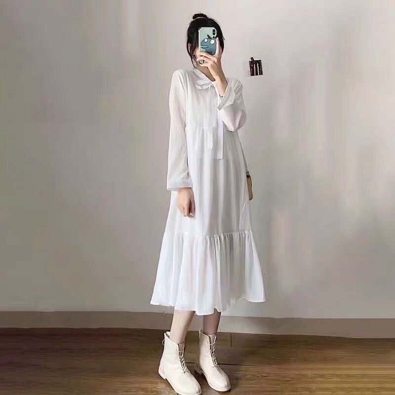 Váy đầm nữ dài tay buộc nơ ulzzang siêu xinh