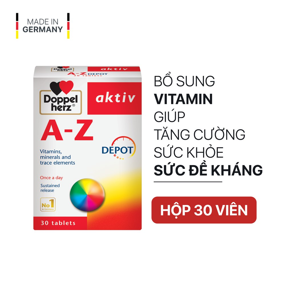 Bộ đôi tăng cường sức khỏe toàn diện bổ sung Vitamin khoáng chất Doppelherz A-Z Depot và dầu cá Omega-3 + Folic acid + B6 + B12 Doppelherz (02 hộp 30 viên)