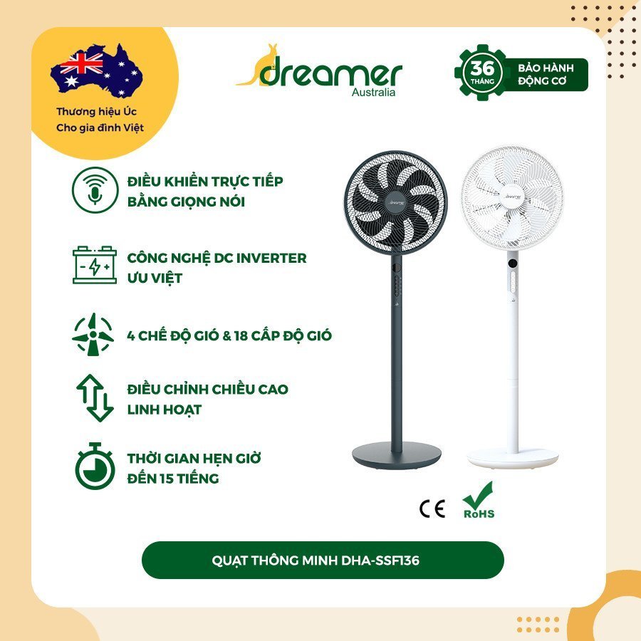 Quạt Đứng Điều Khiển Giọng Nói Màn Hình Led Động Cơ Inverter Dreamer DHA-SSF136G - Hàng chính hãng