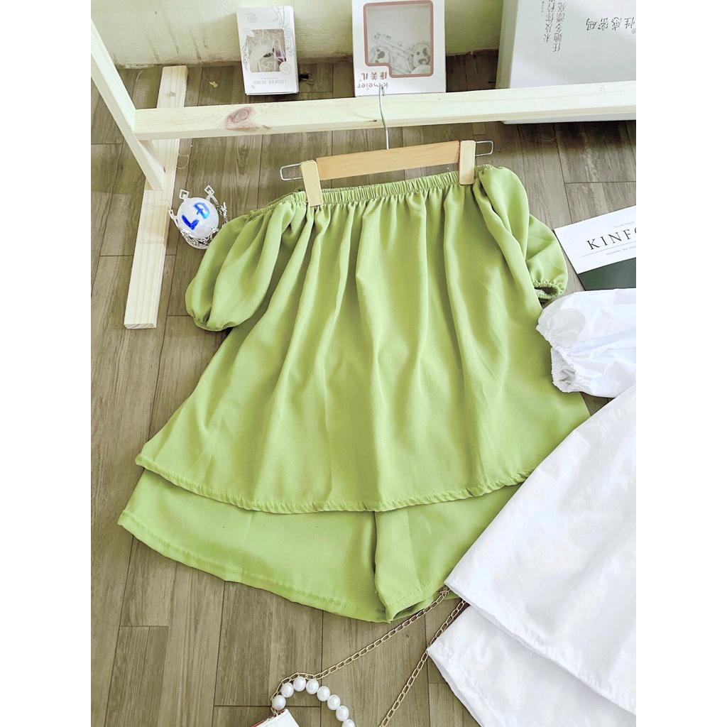 Set Quần Short Ống Rộng Kèm Áo Trễ Vai Tay Bồng