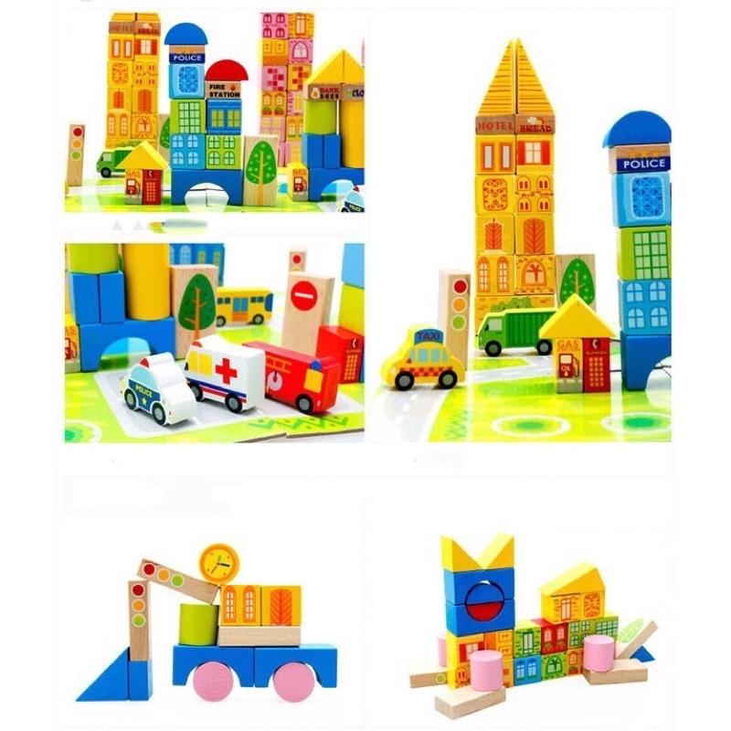 BỘ ĐỒ CHƠI LẮP GHÉP MÔ HÌNH THÀNH PHỐ BẰNG GỖ 62 CHI TIẾT