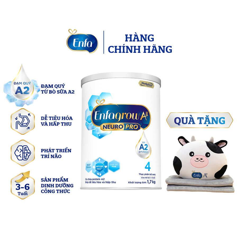 Bộ 1 lon Sữa bột Enfagrow A2 Neuro Pro 4 dành cho trẻ 3-6 tuổi - 1.7 kg - Tặng Bộ mền gối bò bông đáng yêu