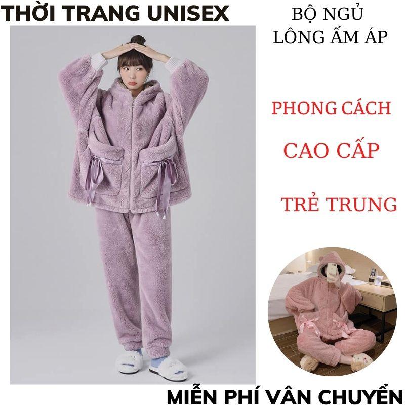 Bộ lông cừu thu đông siêu ấm thắt nơ túi 2 màu hồng tím thời trang Hàn Quốc. Đồ bộ mặc nhà, bộ ngủ nữ.METSHOP