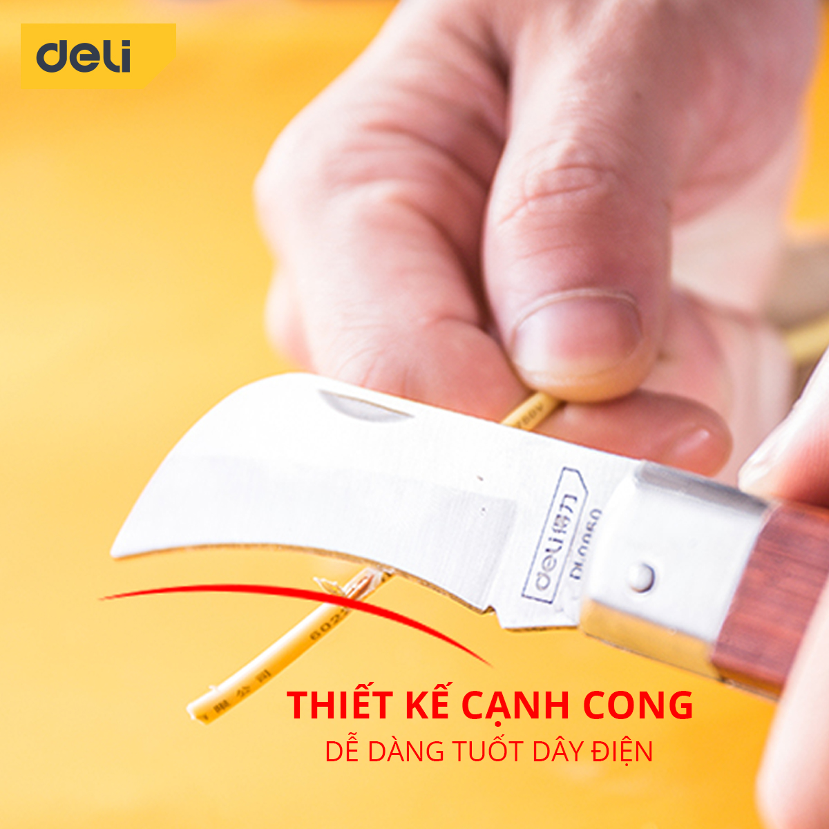 Dao Tuốt Dây Điện Deli Cán Gỗ - Chất Liệu Thép Không Gỉ Siêu Bền - Sử Dụng Đa Năng - DL0060