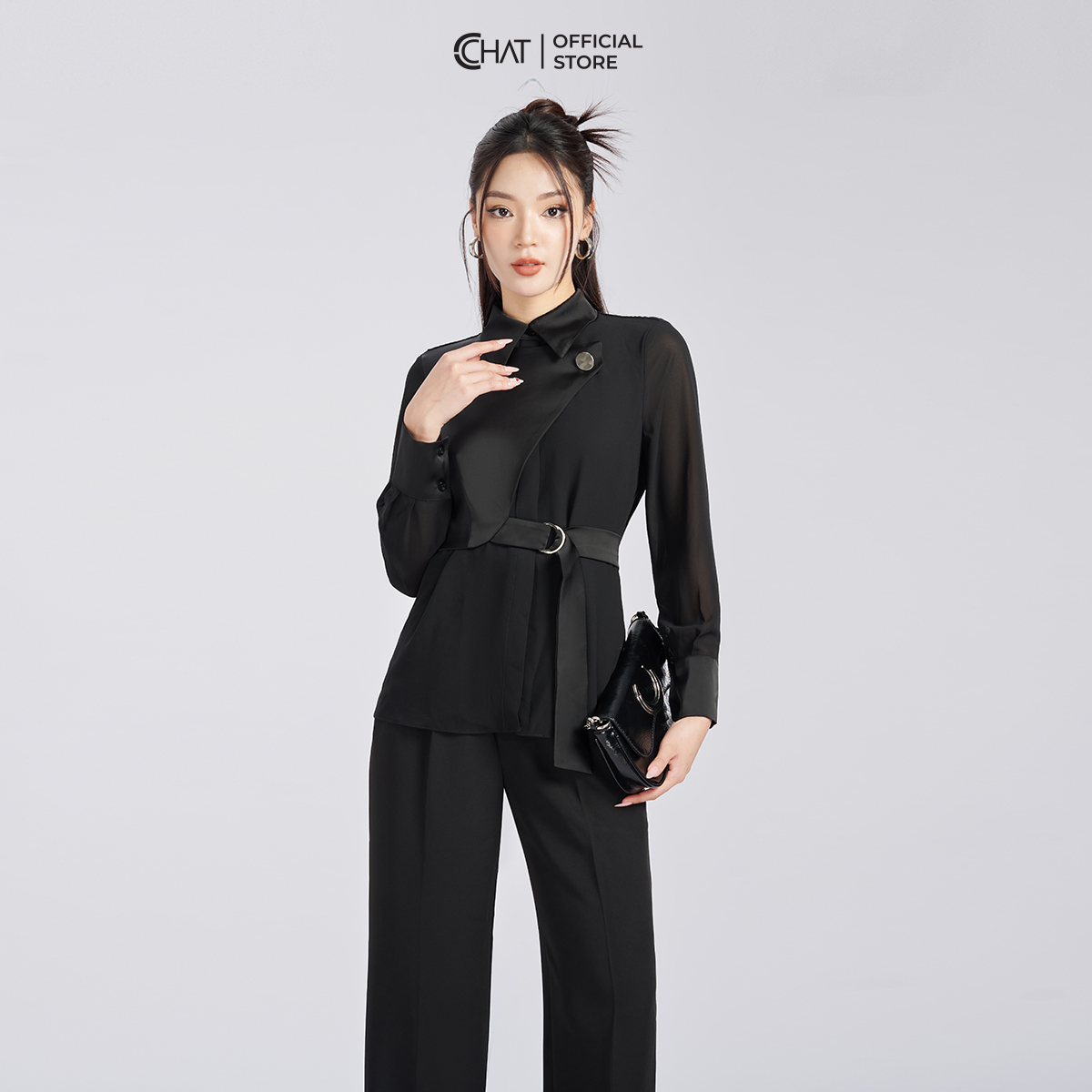 Áo Sơ Mi Nữ Kiểu Dập Ly Tà Bong Kèm Phụ Kiện Chất Chiffon Cao Cấp 53FDH8016ST