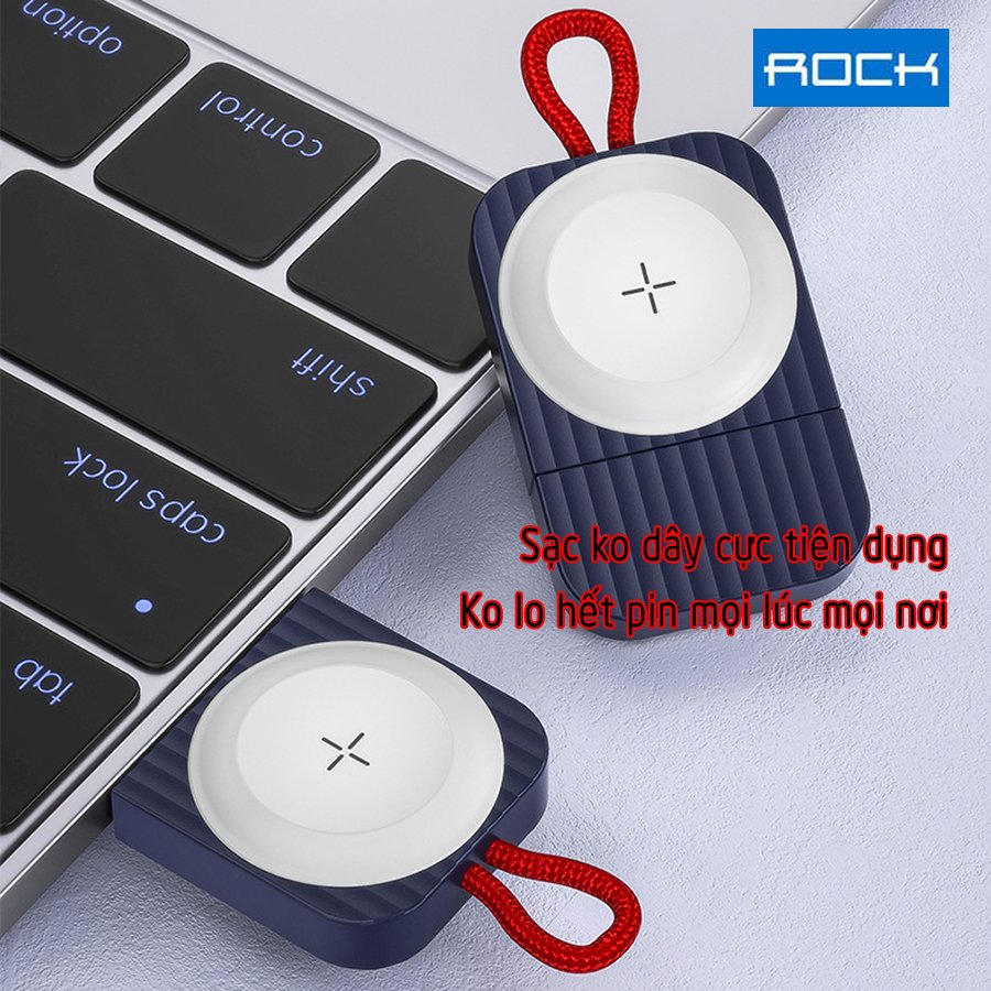 Đế Sạc Không Dây Chính Hãng ROCK dành cho Apple Watch 38/40/42/44mm Series 1/2/3/4/5/6/Se - cổng Type-C và USB-A - Xanh.