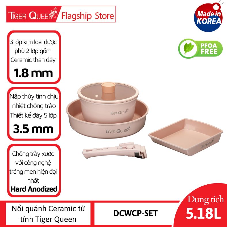 Bộ nồi Ceramic tay cầm rời từ tính Tiger Queen DCWCP-SET [5 món] - Màu hồng hoa anh đào - Chính hãng