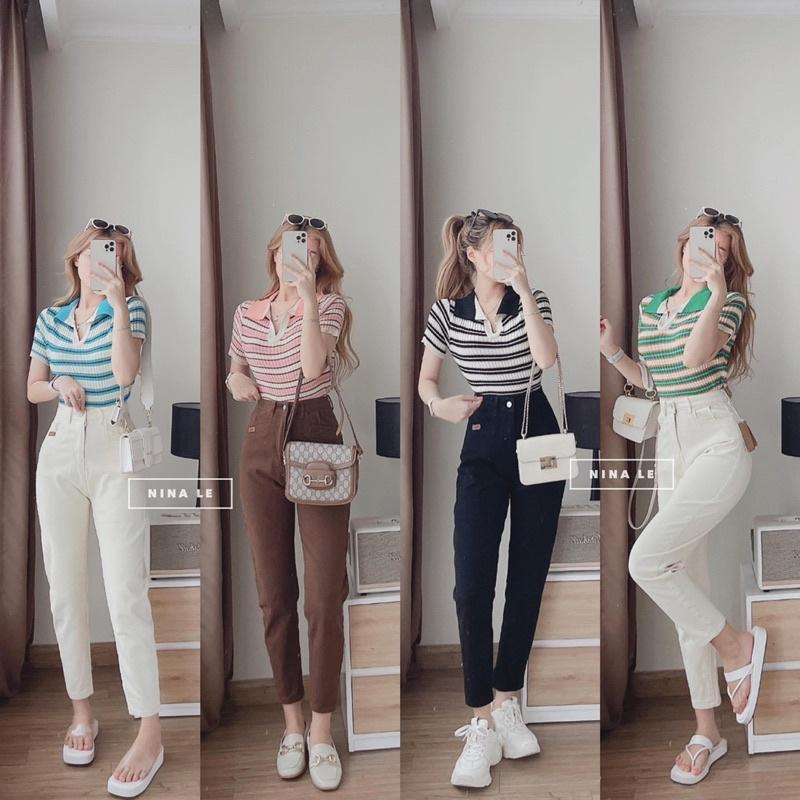 [L2M] Áo len Montoghi dệt kim GÂN DỌC SỌC NGANG cổ đức phối màu hài hòa