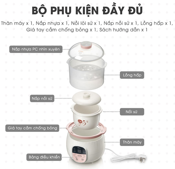 Nồi nấu chậm Sothing Bear 001 0,8L, nấu cháo, hầm, chưng yến, bản quốc tế- Hàng chính hãng