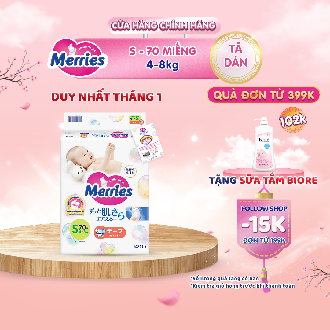 Tã/bỉm dán Merries size S - 70 miếng (dành cho bé 4 - 8kg)