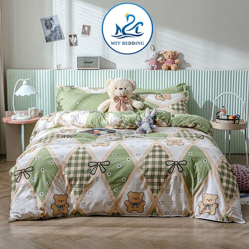 Bộ chăn ga gối Cotton poly M2T bedding Gấu nơ xanh lá, vỏ chăn mền, drap nệm và 2 vỏ gối