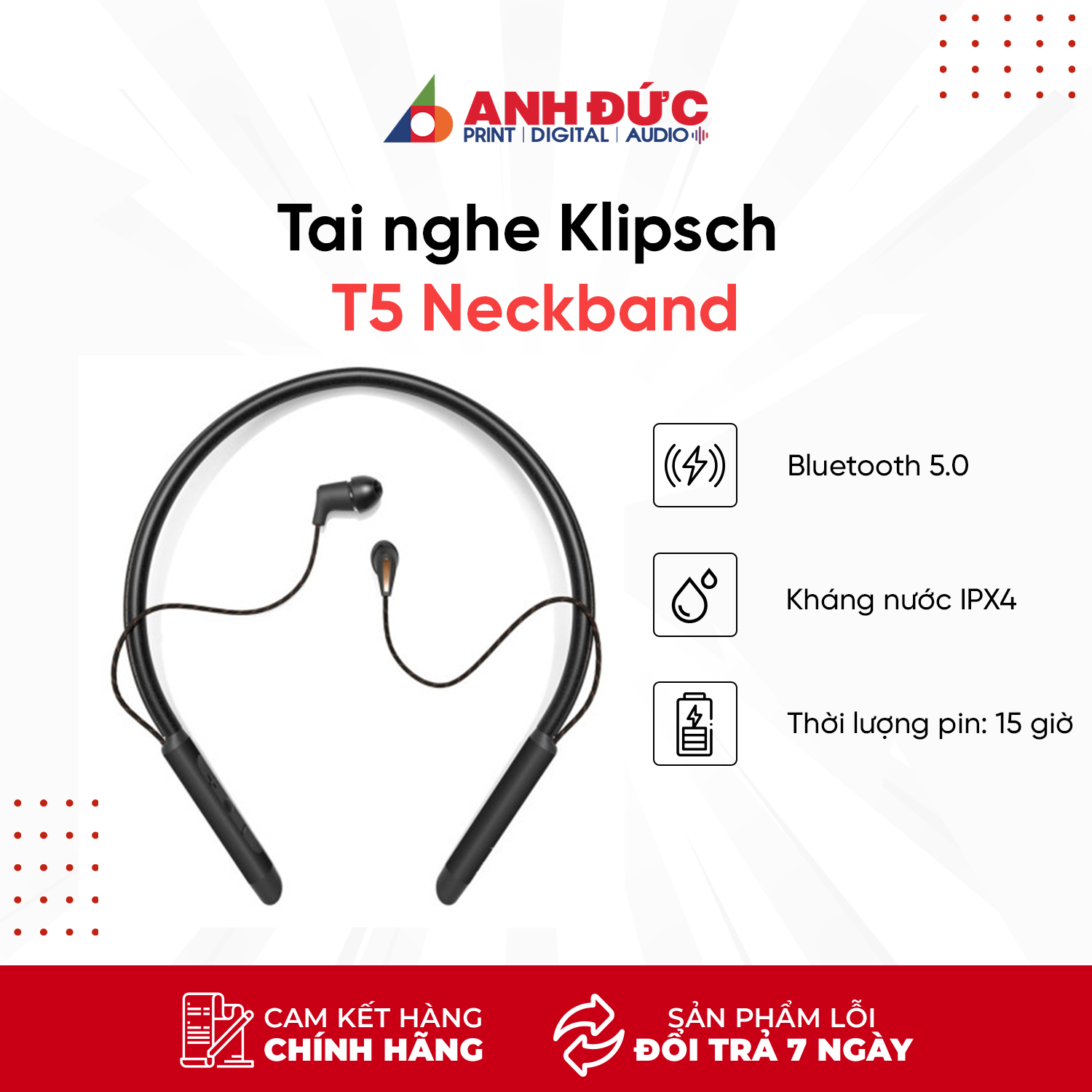 Tai Nghe Bluetooth Klipsch T5 Neckband - Hàng Chính Hãng