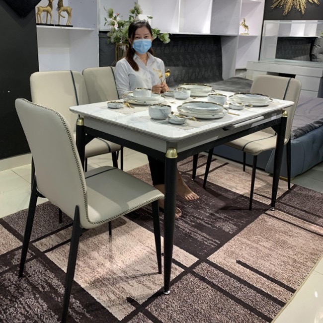Bộ bàn ăn mặt đá phiến thông minh kéo dài kèm ghế zena