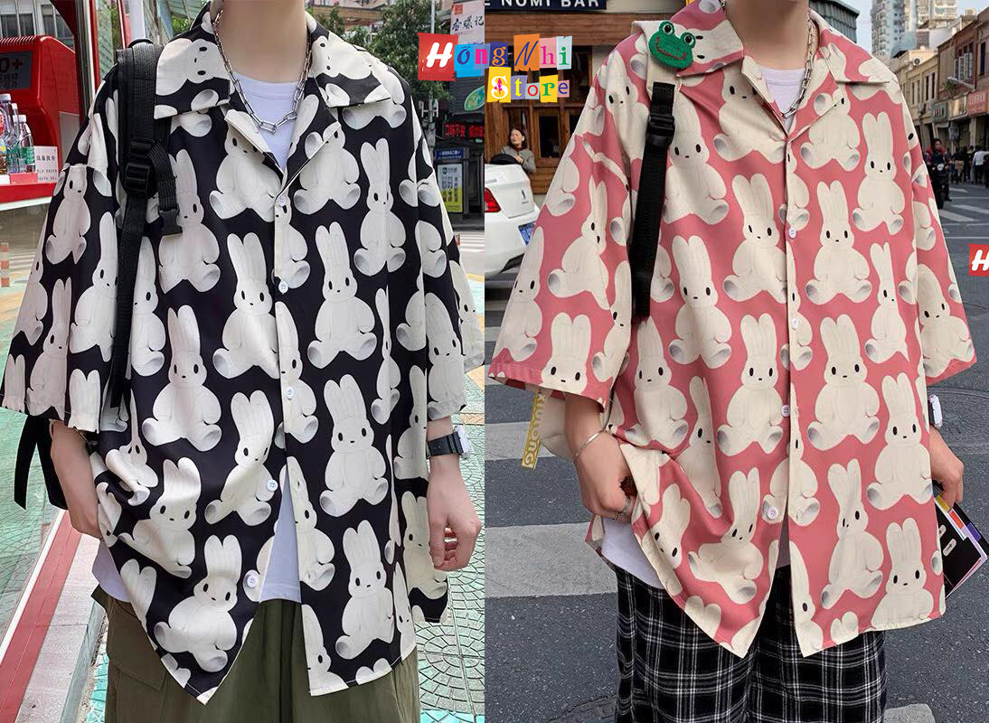 Áo Sơ Mi Hoạ Tiết Đi Biển Con Thỏ Trắng Hoạt Hình Tay Lỡ Dáng Rộng Ulzzang Unisex - MM