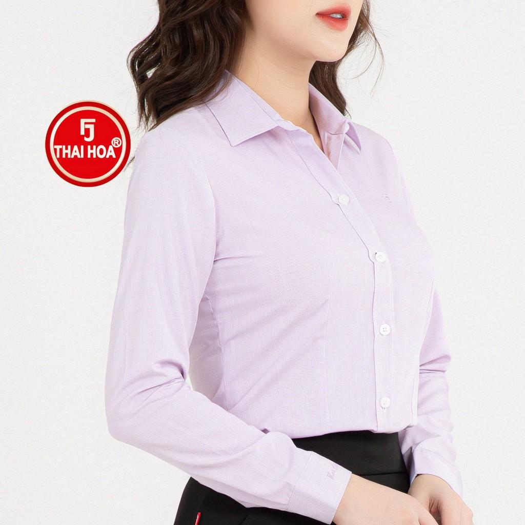 Áo sơ mi nữ Thái Hòa dài tay màu tím vải cotton kẻ tăm caro 631-11-01