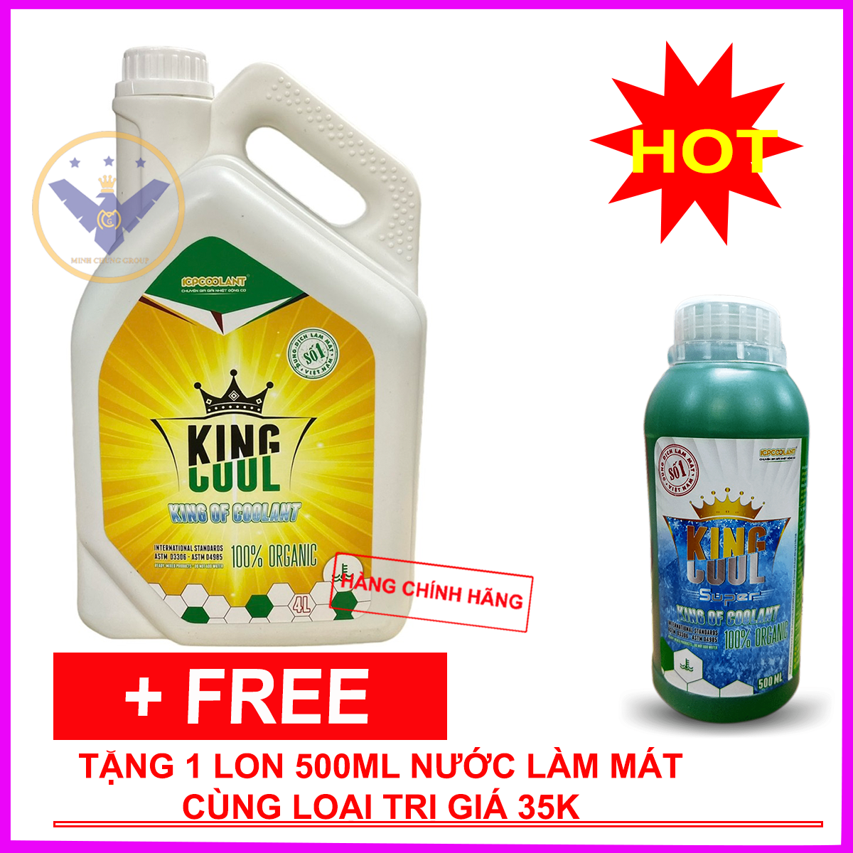 Nước làm mát động cơ xe ô tô màu xanh cao cấp KINGCOOL SUPER can 4L tặng lon 500ml