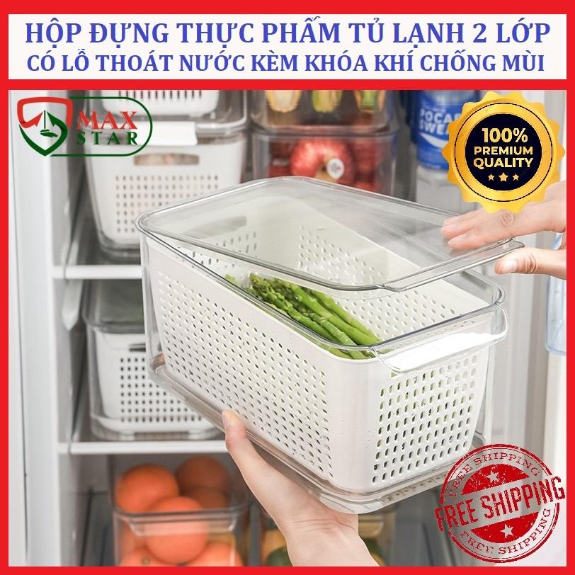 Hộp đựng thực phẩm tủ lạnh 2 lớp kiểu nhật có lắp đậy và lỗ thoát nước cao cấp Hộp đựng đồ tủ lạnh đa năng 