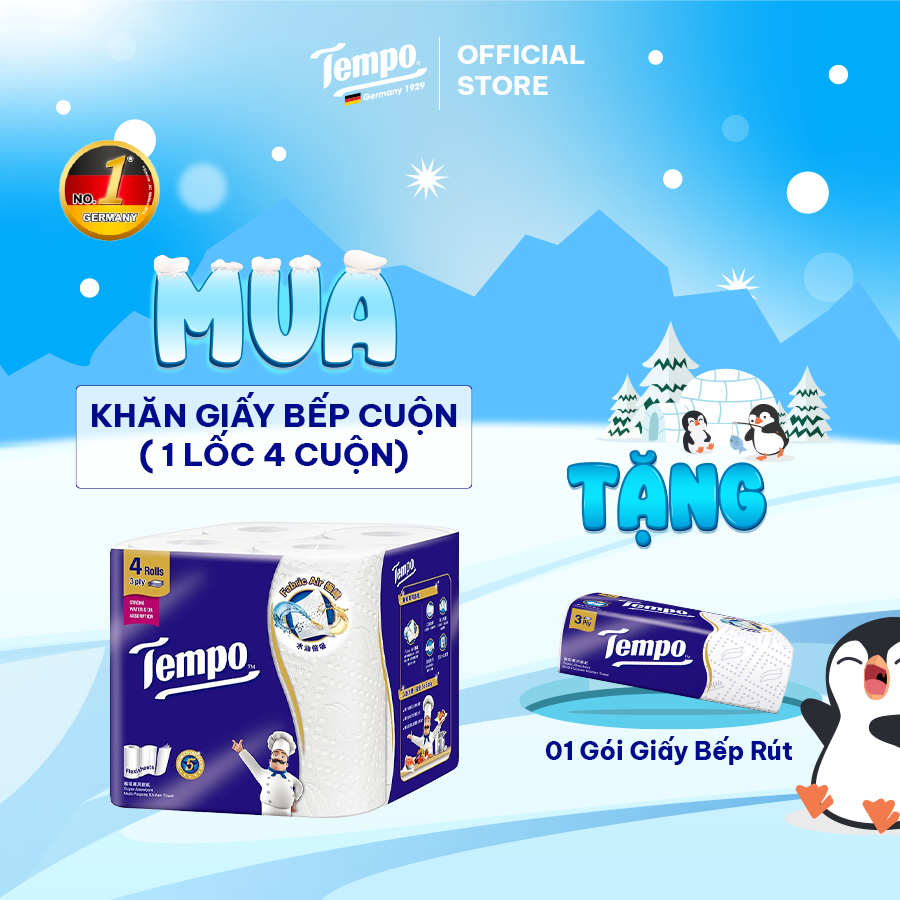 [MUA 1 LỐC KHĂN BẾP CUỘN TẶNG 1 GÓI KHĂN BẾP RÚT + 1 GIÁ ĐỠ BẾP] Khăn giấy bếp đa năng siêu thấm Tempo (4 Cuộn) - Thương Hiệu Đức