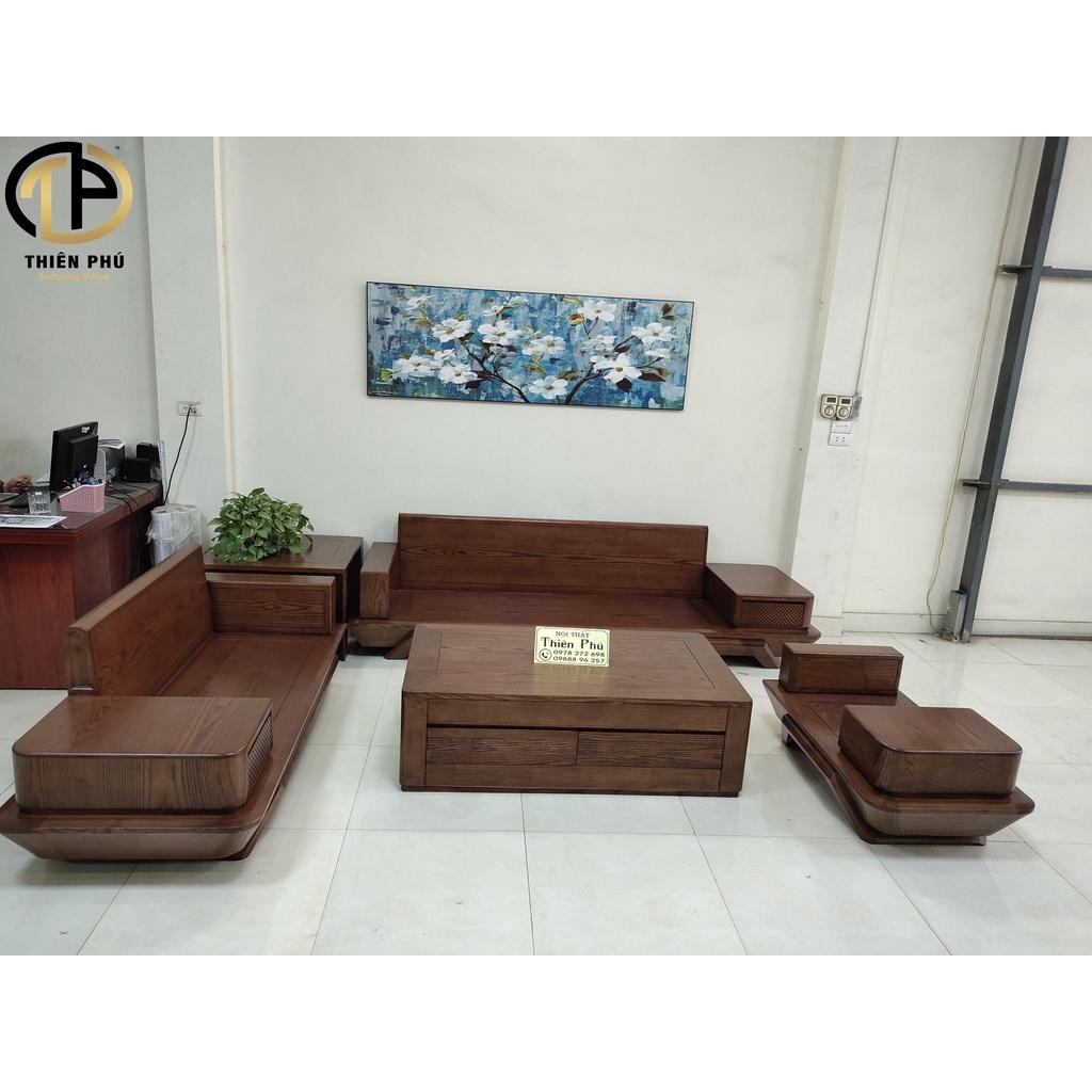 Mẫu mới 2022 - Sofa Gỗ Sồi Chân Thuyền TP-141-2 Hot, Gỗ Sồi Nga Màu Óc Chó, Đệm mút K43, Da Microfiber Giá Tại Xưởng