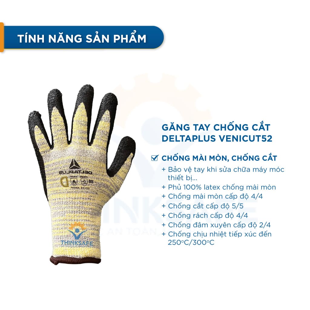 Găng tay lao động Deltaplus Venicut52 đa năng chống cắt, chịu nhiệt 250 độ, bao tay lớp phủ pu dày, chống dầu, ôm tay - Thinksafe