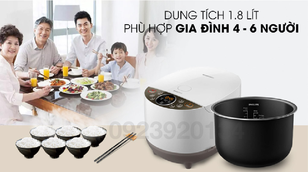 Nồi cơm điện 1.8 lít, lòng nồi 5 lớp Philips HD4515 - Hàng chính hãng