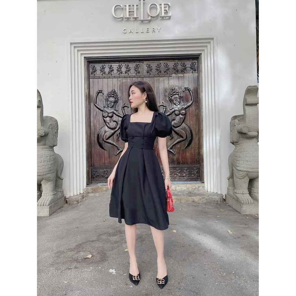 Đầm dự tiệc xòe cổ vuông đính nút bọc