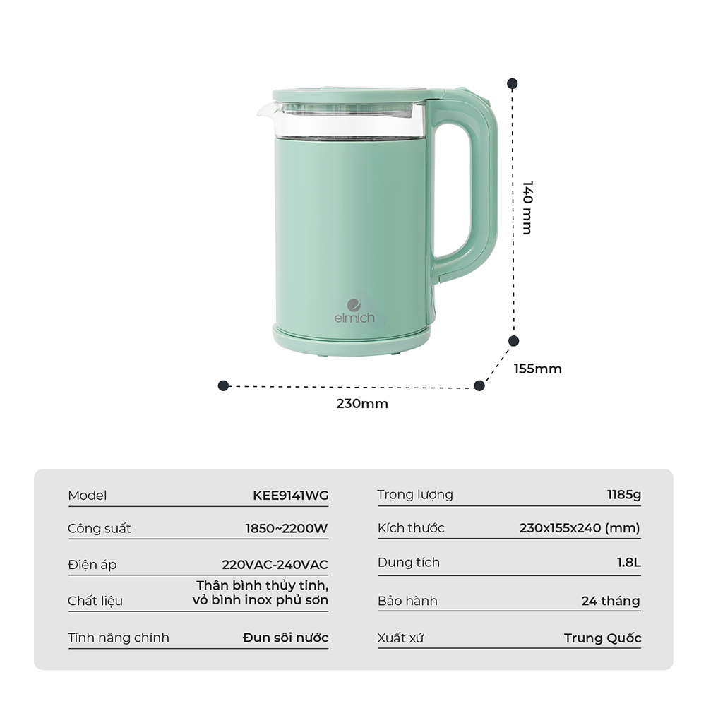 Ấm Đun Siêu Tốc Elmich KEE9141WG 1.8L 2200W, Hàng Chính Hãng, Inox 304, Đế Xoay 360 Độ - JoyMall