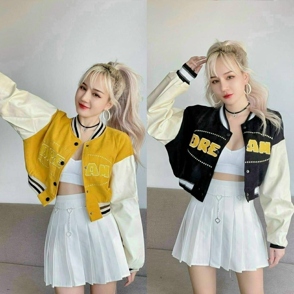 Áo khoác nữ chất da lộn 2 lớp cao cấp kiểu dáng bomber croptop LOGO thêu chữ nổi DREAM