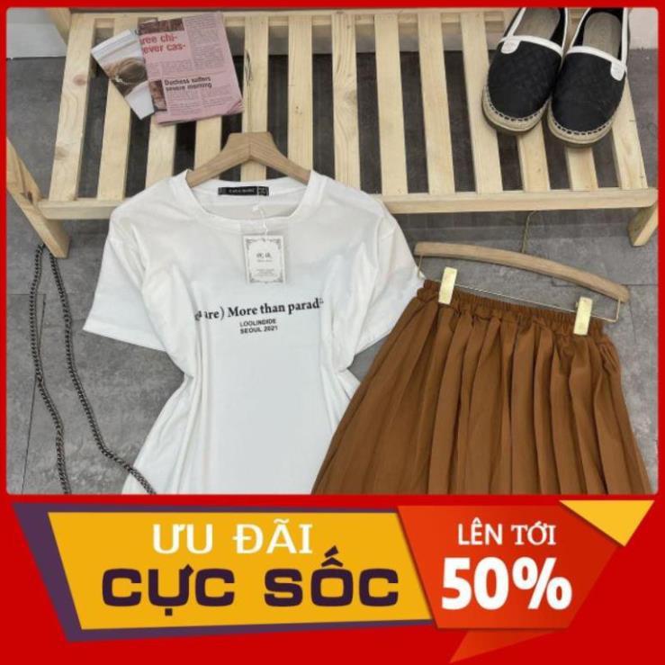 SET ÁO THUN CHỮ TRẮNG MIX CHÂN VÁY XẾP LY NÂU cực xinh