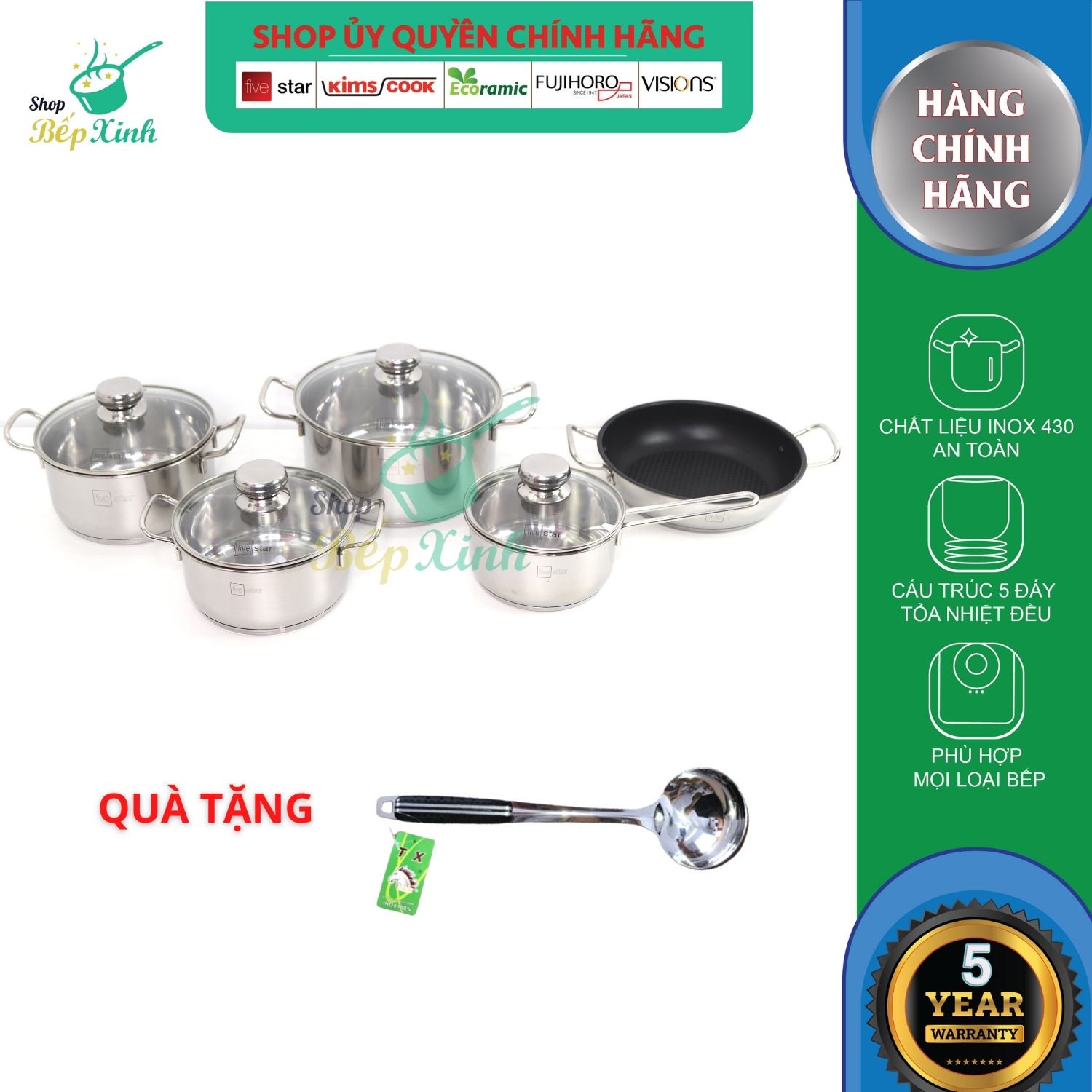 Bộ Nồi 5 Đáy Cao Cấp Bếp Từ Fivestar FSB55D001 Nắp Kính Inox 430 , tặng 1 vá canh