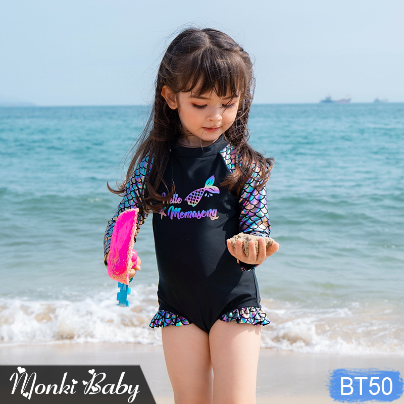 Đồ bơi nàng tiên cá bé gái cao cấp, mẫu một mảnh dài tay chống nắng, chất bơi Lycra lạnh co giãn đa chiều dầy đẹp, tặng kèm mũ bơi | BT50