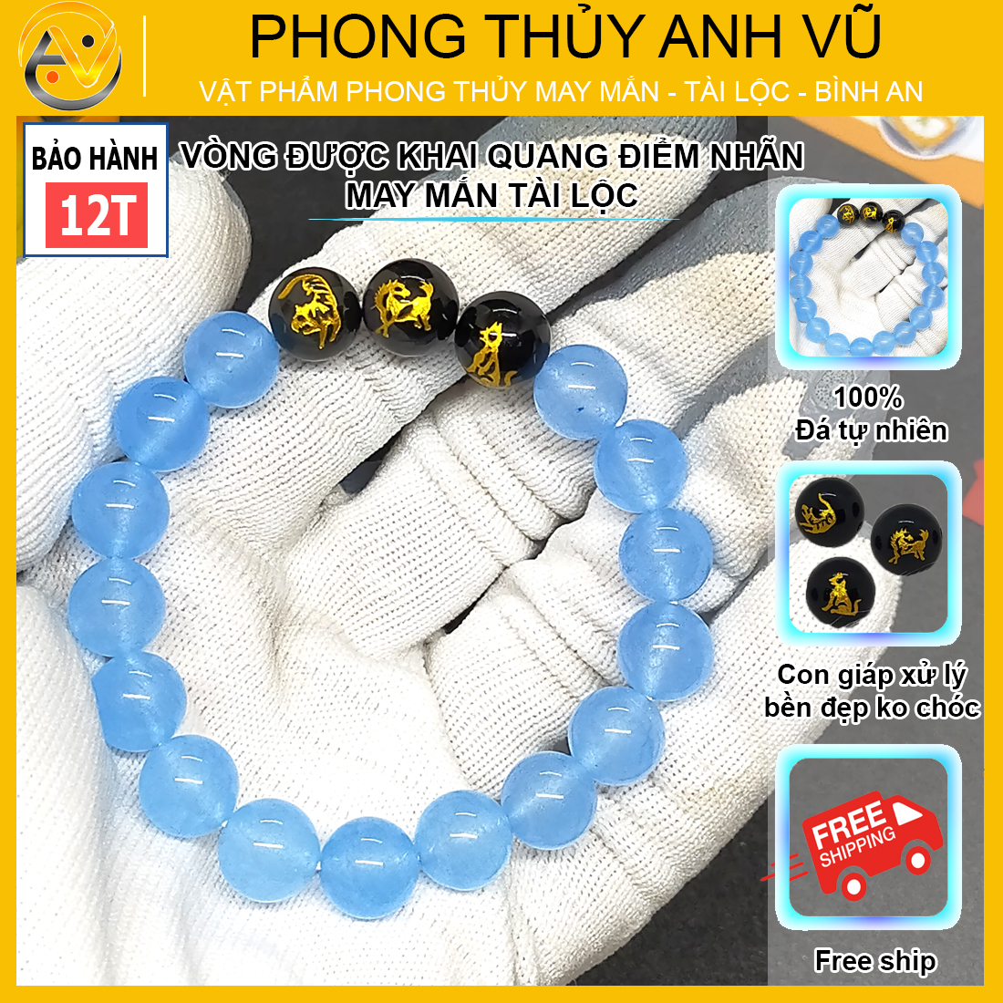 Vòng tay tam hợp dần ngọ tuất đá mã não xanh - Vòng đá phong thủy cho nữ mệnh thủy - May mắn Bình an