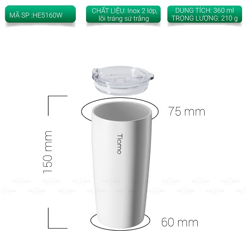 Ly cà phê trà inox phủ sứ chân không Tiamo 360ml