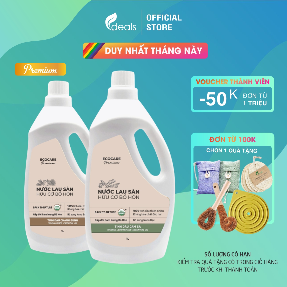 Nước Lau Sàn Hữu Cơ Bồ Hòn Ecocare - 100 Thực Vật, Tinh Dầu Khử Mùi, Đuổi Muỗi, Chống Trượt, Kháng Khuẩn - Chai 1000Ml - Premium Cam Sả