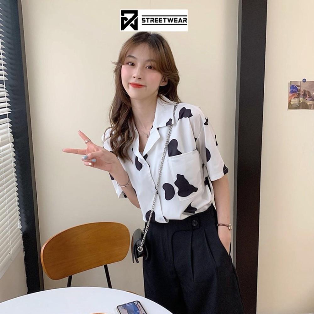 Áo sơ mi cộc tay form rộng dáng suông basic phối loang bò sữa màu trắng TopOneStore