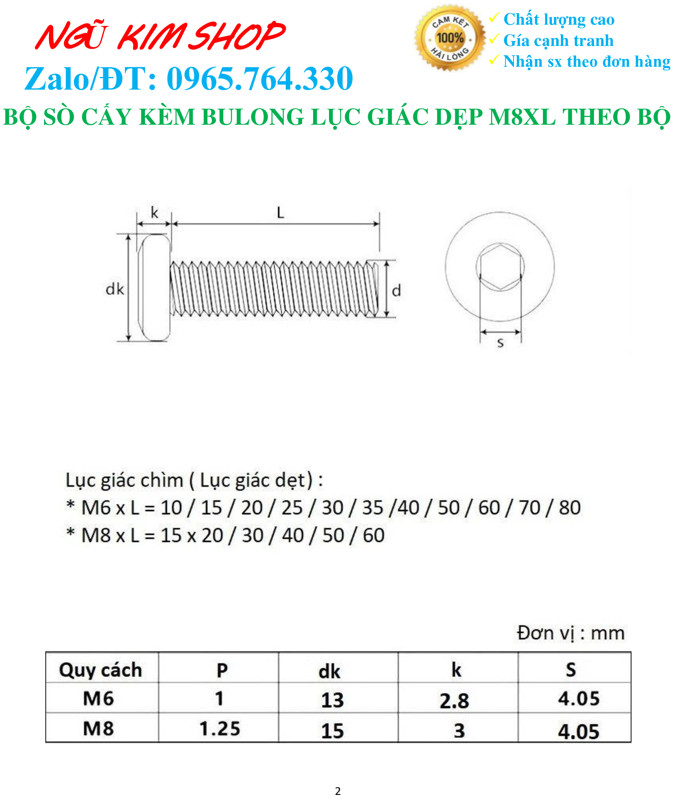 SÒ CẤY KÈM BULONG LỤC GIÁC DẸP M8 x L THEO BỘ