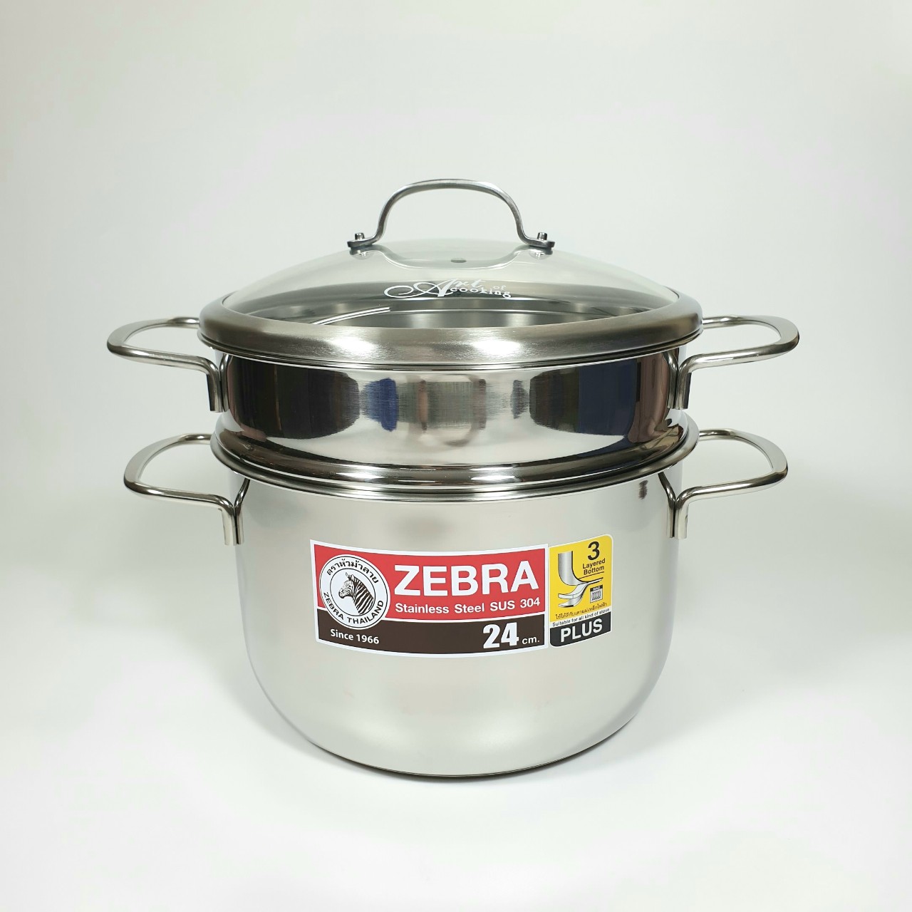 Bộ Nồi Xửng 3 Đáy Inox Zebra Thái Lan Nắp Kính  24cm 6.2L - 163640