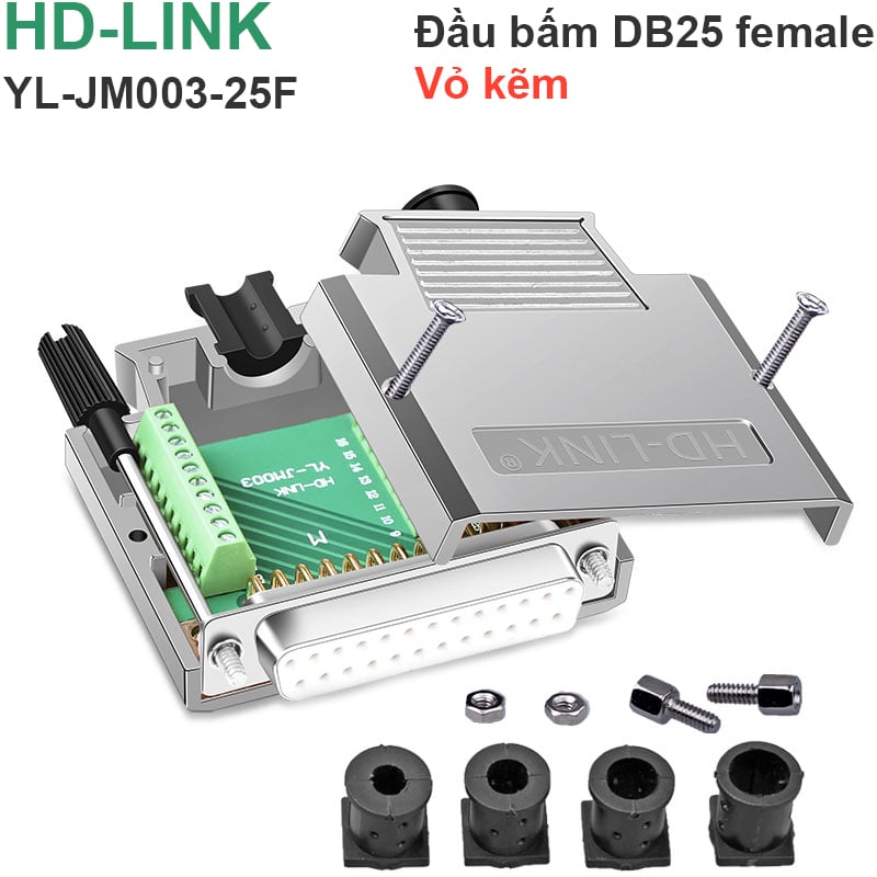 Đầu bấm cổngDB25 cái/female bắt vít kèm vỏ ốp kẽm chân đồng mạ vàng 24K HD-LINK YL-JM003-25F. HÀNG CHÍNH HÃNG !!!