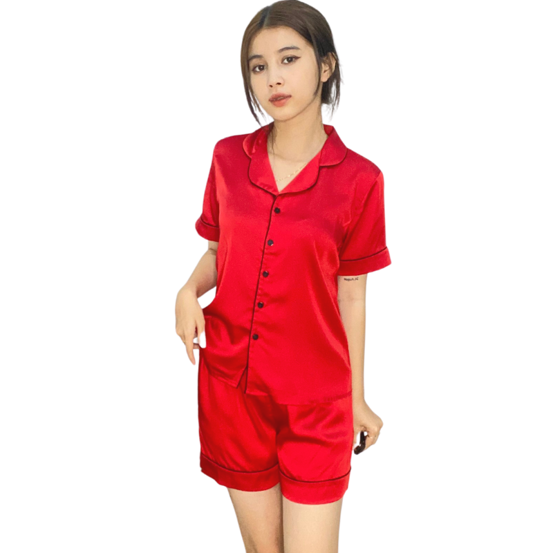 Bộ đồ Pijama lụa, đồ mặc nhà nữ  VILADY - B125 kiểu quần đùi tay cộc họa tiết trơn, chất liệu lụa Pháp (lụa latin) cao cấp - Màu đỏ đô