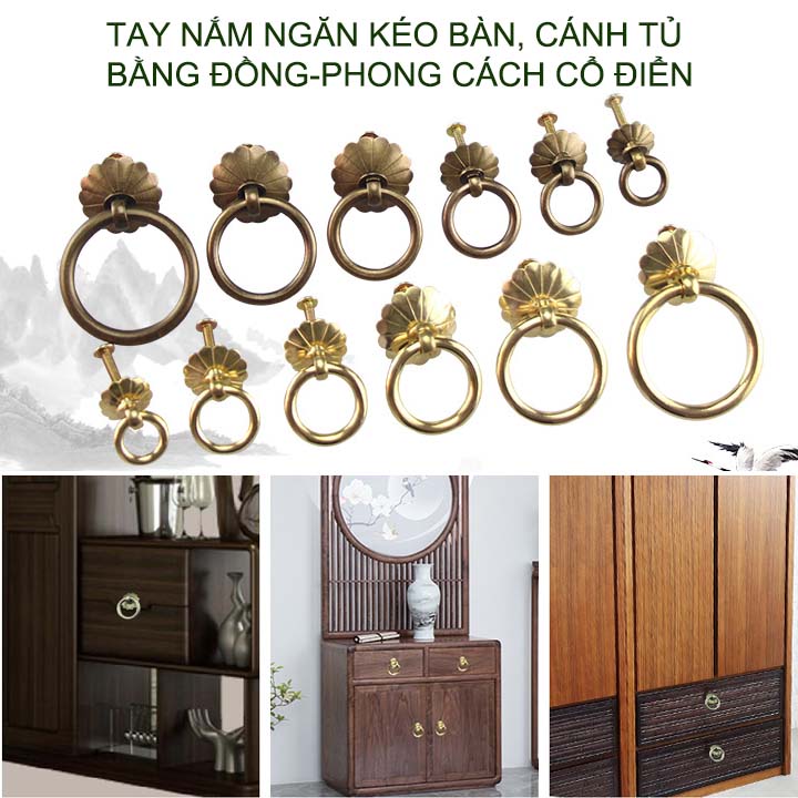 01 Tay nắm cửa, ngăn kéo bàn làm bằng đồng đặc phong cách cổ điển (mẫu S4)