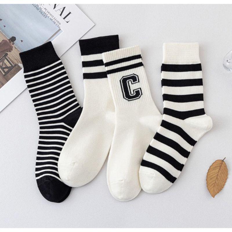 Set 8 đôi tất chữ CFREESHIPVớ cotton Kẻ Sọc Đen trắng thể thao cổ cao phong cách thể thao, trẻ trung, năng động. (sỉ