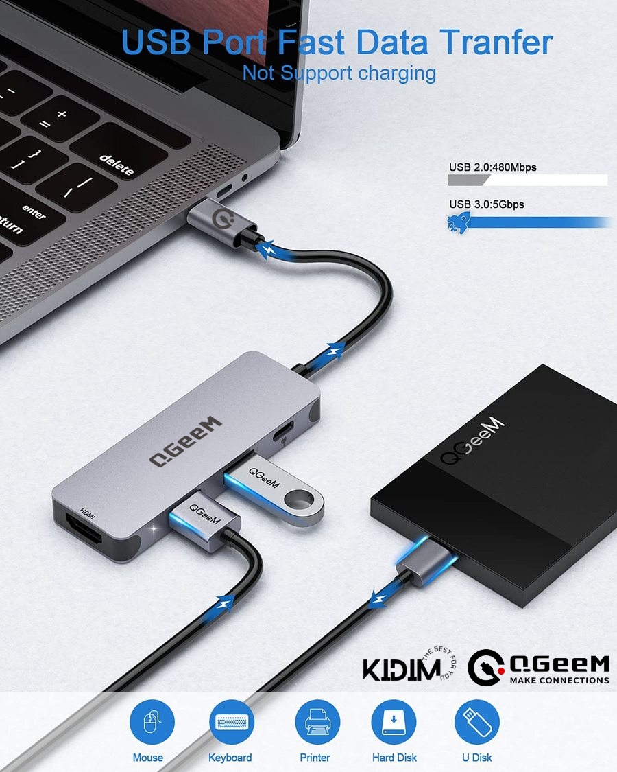 Hub Chuyển Đổi QGeeM Type C 4 trong 1 hỗ trợ chip M1 M2 Type C(Thunderbolt 3) sang HDMI 4K, 1 x USB-C sạc nhanh PD 100W, 1xUSB 3.0, 1xUSB 2.0 - Hàng Chính Hãng