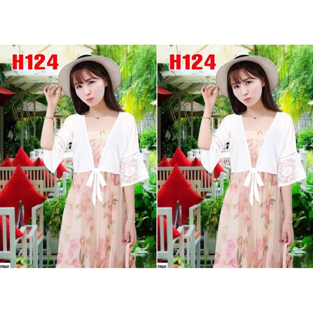 Aó khoác chifon cột eo phối tay ren
